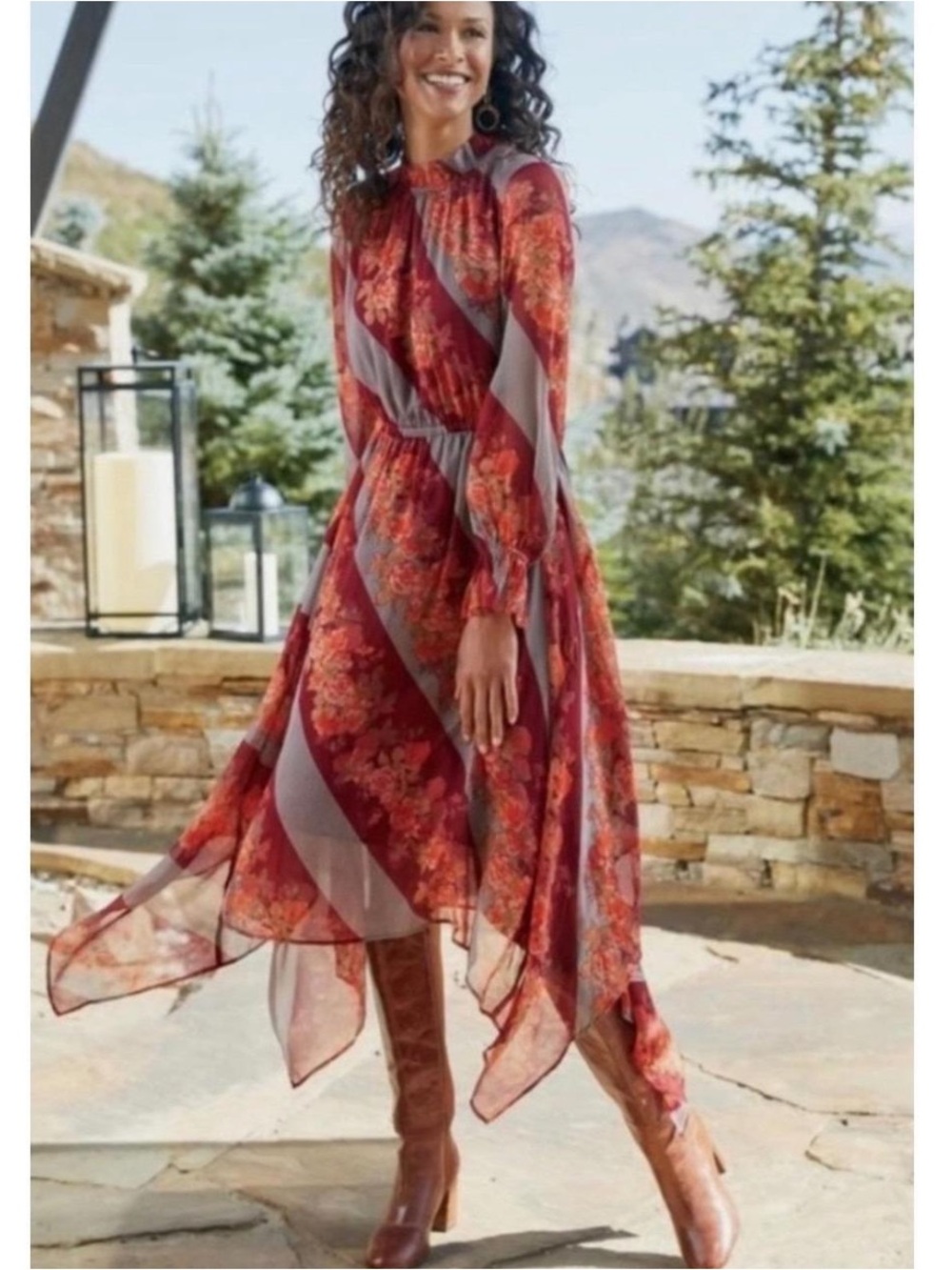 Soft Surroundings Woodland Manor 3X Floral Asymmetrical Midi Dress Burgundy